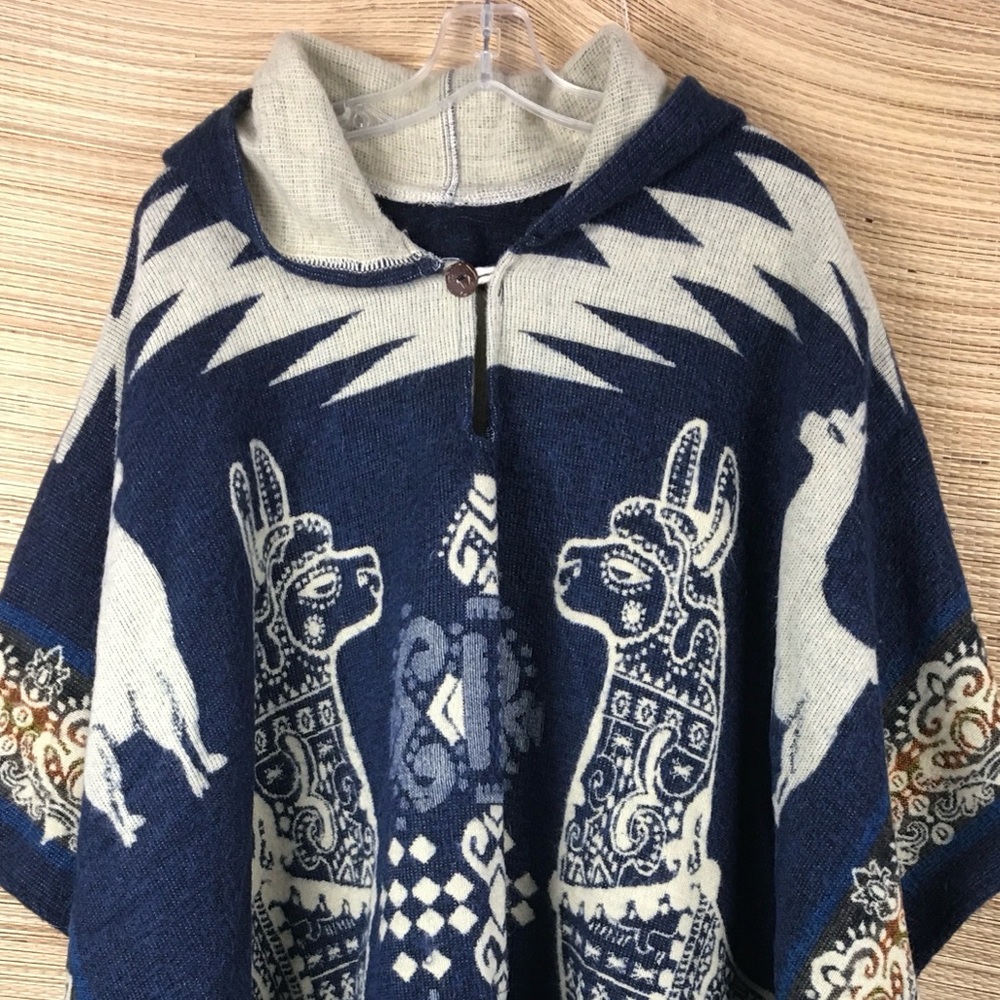 Alpaca Wool Hooded Poncho Llama Andean Handmade Fringe Boho Festival Unisex Cape - Picture 8 of 12